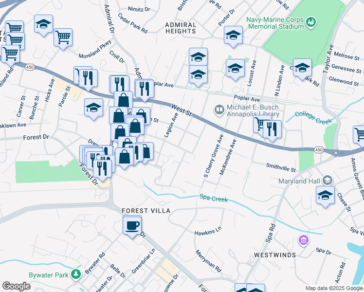 map of restaurants, bars, coffee shops, grocery stores, and more near 1590 Virginia Street in Annapolis