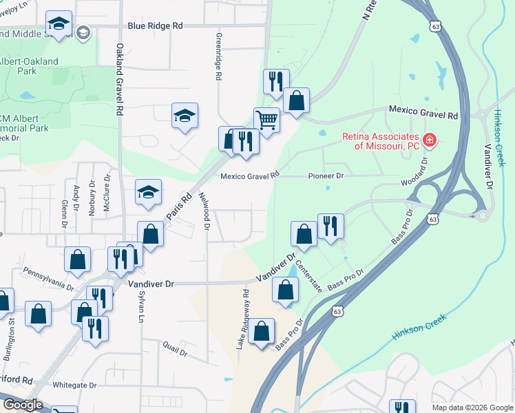 map of restaurants, bars, coffee shops, grocery stores, and more near 2910 Mexico Gravel Road in Columbia