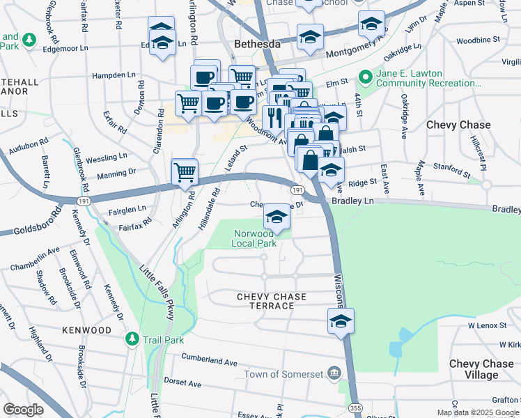 map of restaurants, bars, coffee shops, grocery stores, and more near 4800 Chevy Chase Drive in Chevy Chase