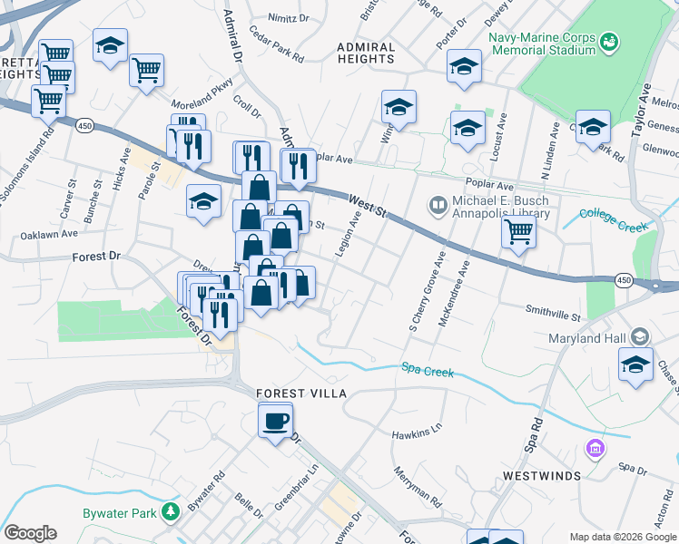 map of restaurants, bars, coffee shops, grocery stores, and more near 1611 Virginia Street in Annapolis