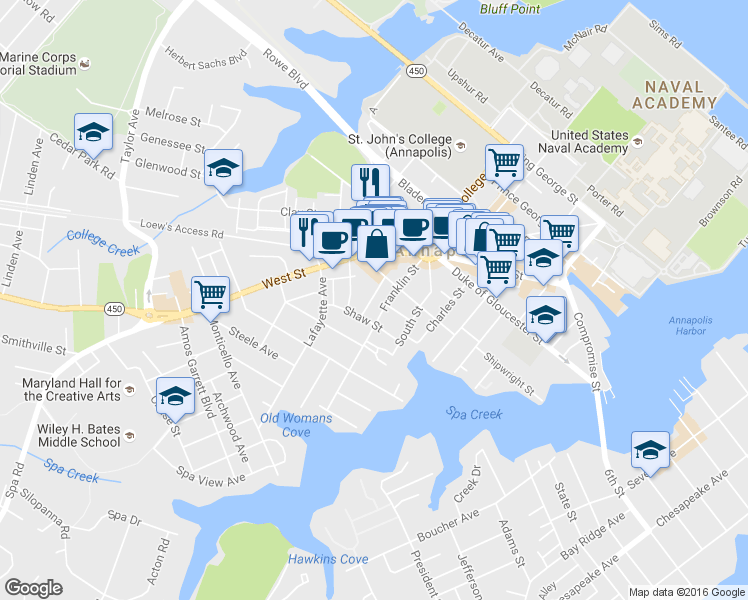 map of restaurants, bars, coffee shops, grocery stores, and more near 16 Dean Street in Annapolis