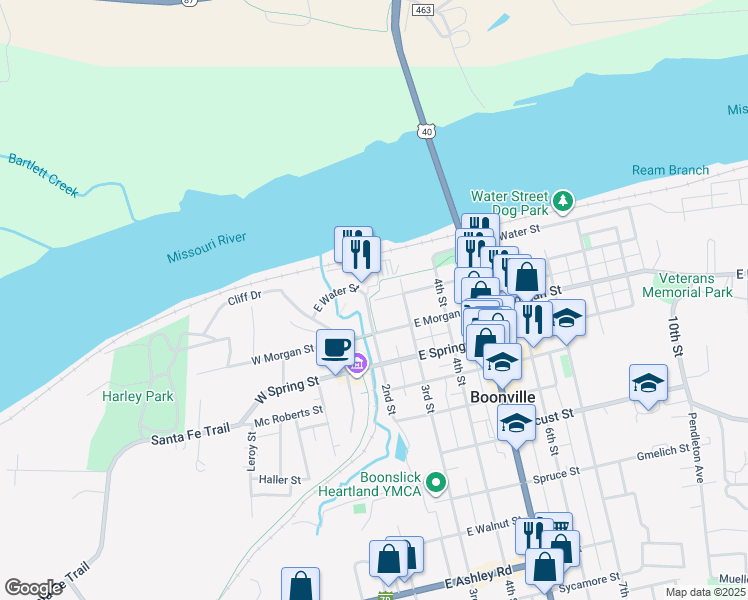 map of restaurants, bars, coffee shops, grocery stores, and more near 120 High Street in Boonville