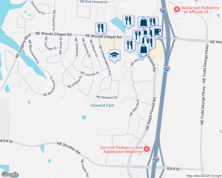 map of restaurants, bars, coffee shops, grocery stores, and more near 3572 Northeast Independence Avenue in Lee's Summit