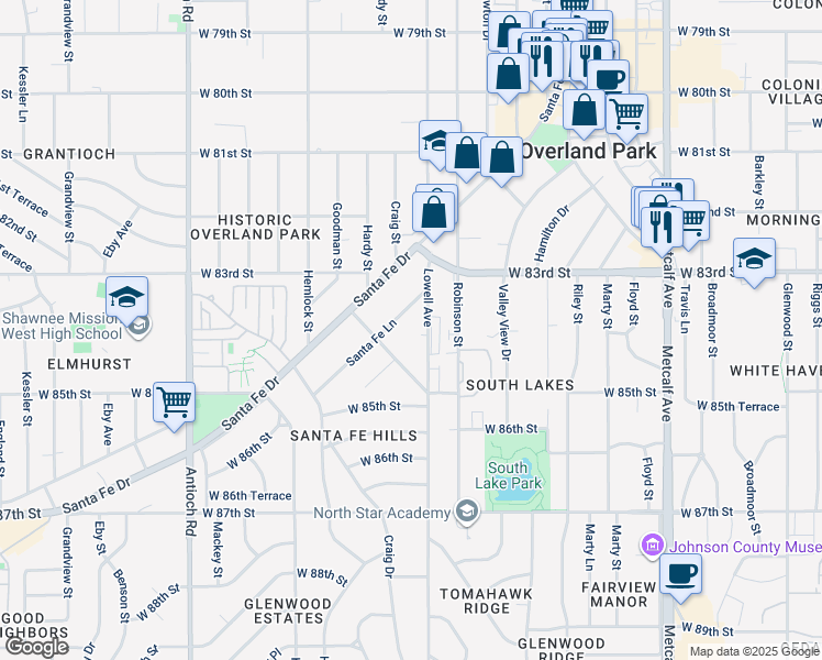 map of restaurants, bars, coffee shops, grocery stores, and more near 8327 Lowell Avenue in Overland Park