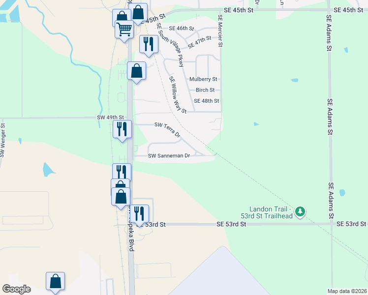 map of restaurants, bars, coffee shops, grocery stores, and more near 205 Southwest Terra Drive in Topeka