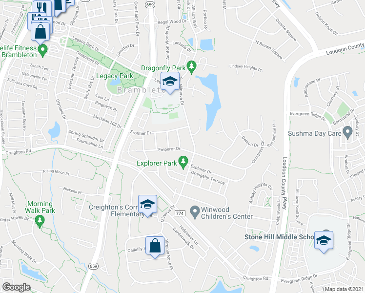 map of restaurants, bars, coffee shops, grocery stores, and more near 23128 Stockham Way in Ashburn