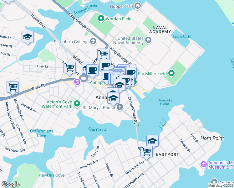 map of restaurants, bars, coffee shops, grocery stores, and more near 180 Green Street in Annapolis