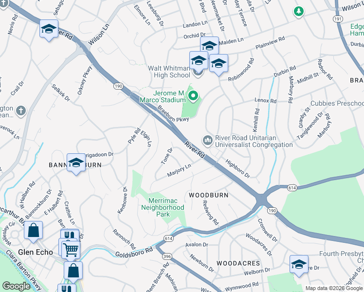 map of restaurants, bars, coffee shops, grocery stores, and more near 6313 Tone Drive in Bethesda