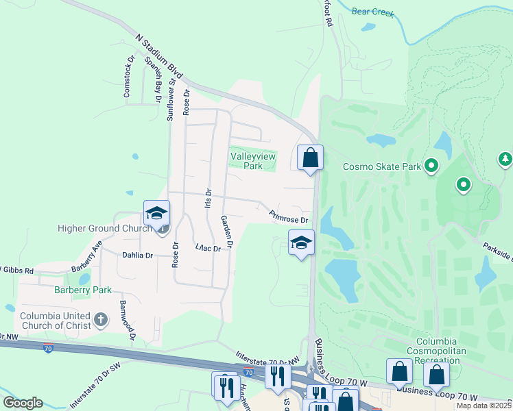 map of restaurants, bars, coffee shops, grocery stores, and more near 2300 Primrose Drive in Columbia
