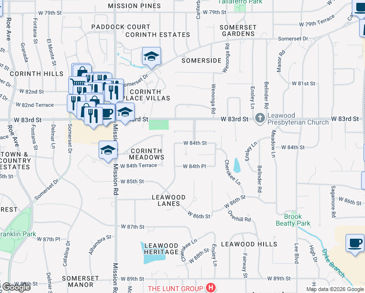 map of restaurants, bars, coffee shops, grocery stores, and more near 3207 West 83rd Terrace in Leawood