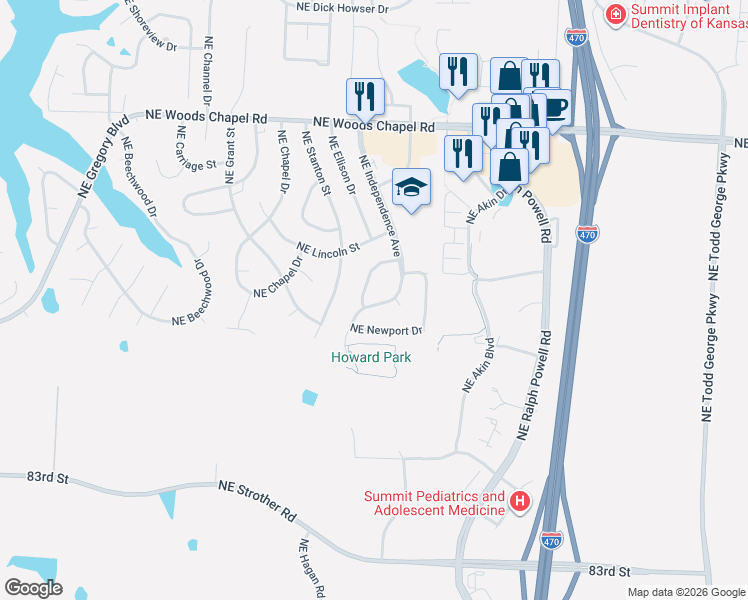 map of restaurants, bars, coffee shops, grocery stores, and more near 3572 Northeast Independence Avenue in Lee's Summit