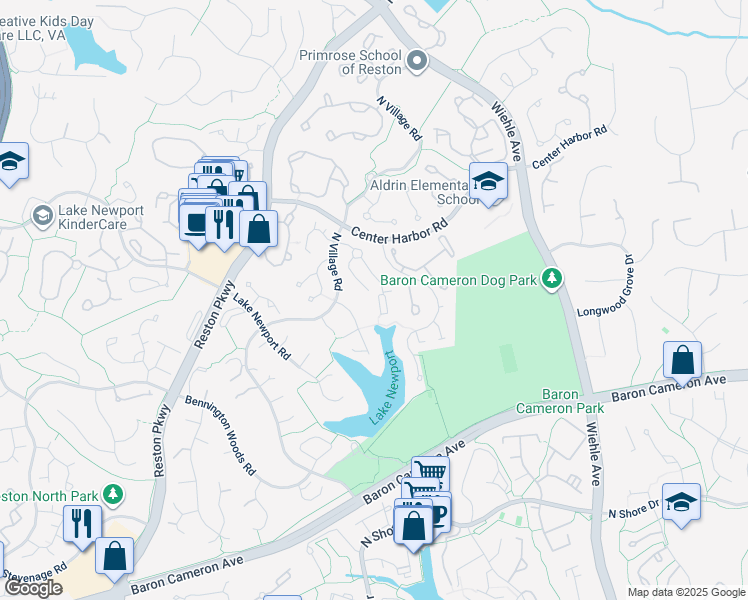 map of restaurants, bars, coffee shops, grocery stores, and more near 11529 Hemingway Drive in Reston