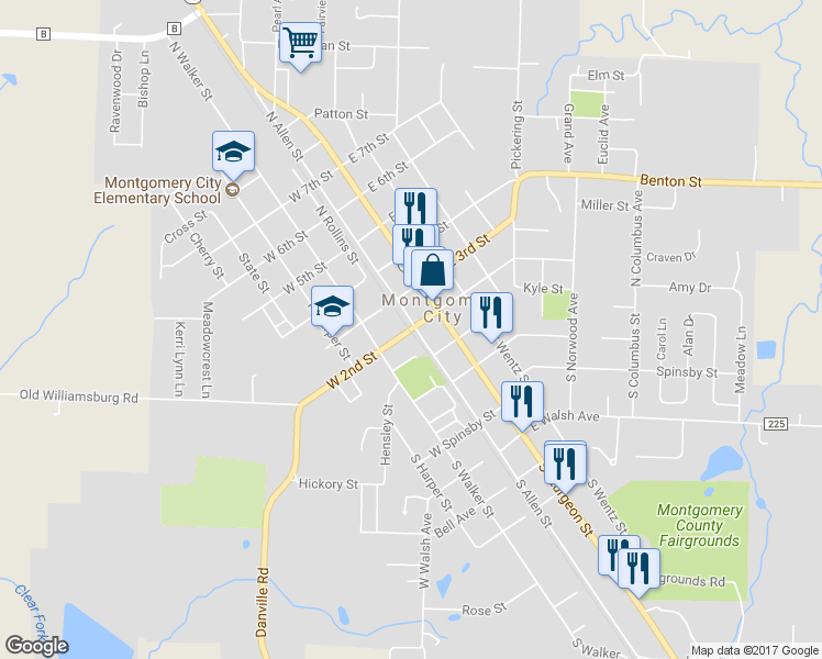 map of restaurants, bars, coffee shops, grocery stores, and more near 204 West 2nd Street in Montgomery City
