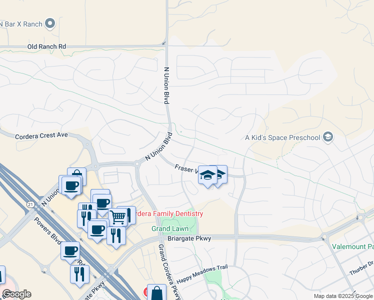 map of restaurants, bars, coffee shops, grocery stores, and more near 4892 Alberta Falls Way in Colorado Springs