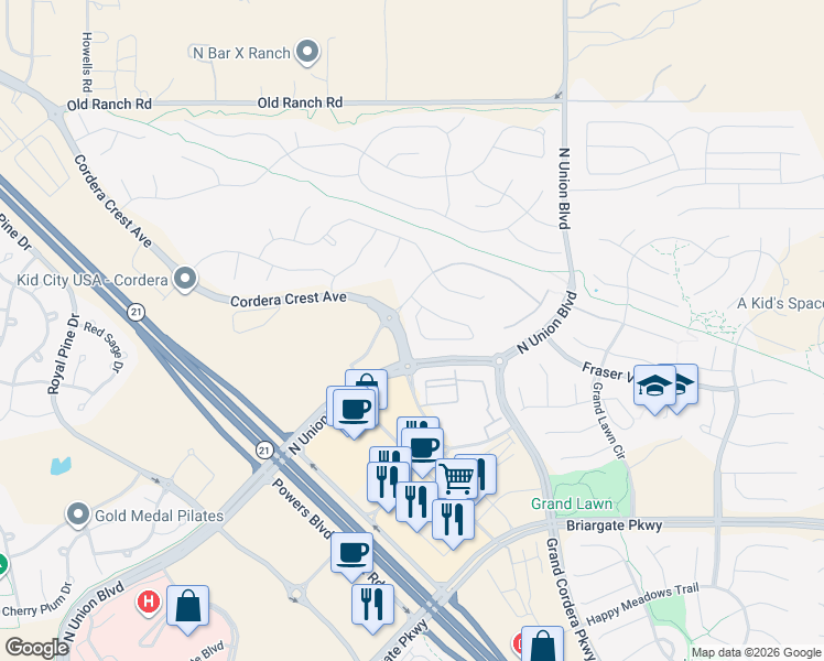 map of restaurants, bars, coffee shops, grocery stores, and more near 4424 Portillo Place in Colorado Springs