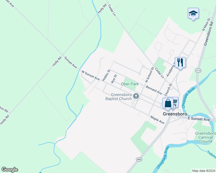 map of restaurants, bars, coffee shops, grocery stores, and more near 101 Roe Street in Greensboro