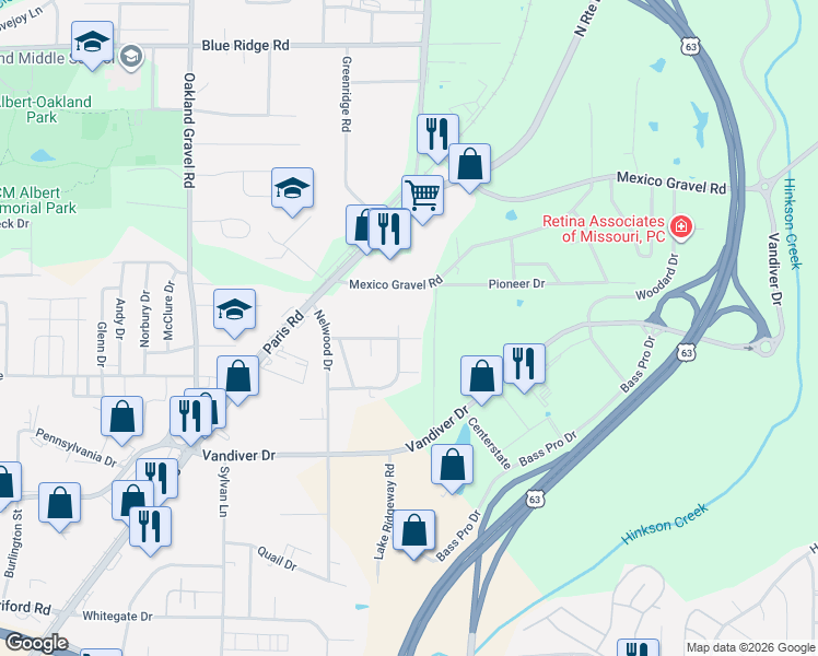 map of restaurants, bars, coffee shops, grocery stores, and more near 2910 Mexico Gravel Road in Columbia