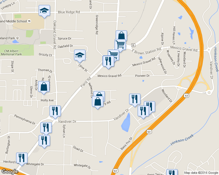 map of restaurants, bars, coffee shops, grocery stores, and more near 2812 Mexico Gravel Road in Columbia