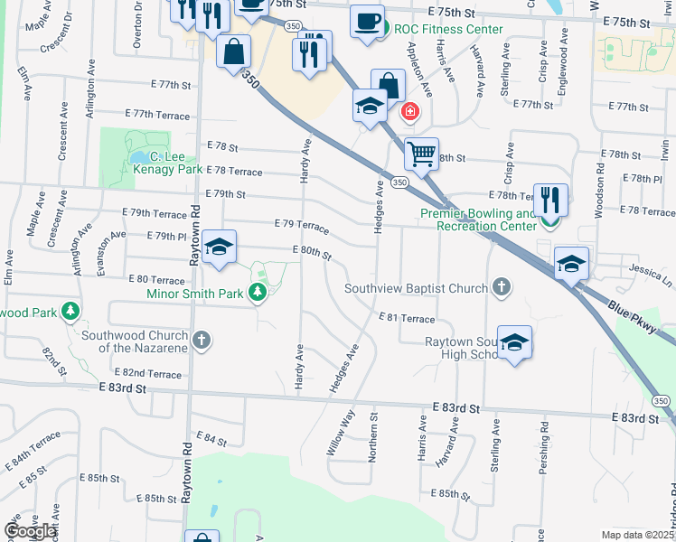 map of restaurants, bars, coffee shops, grocery stores, and more near 10504 East 80th Street in Raytown