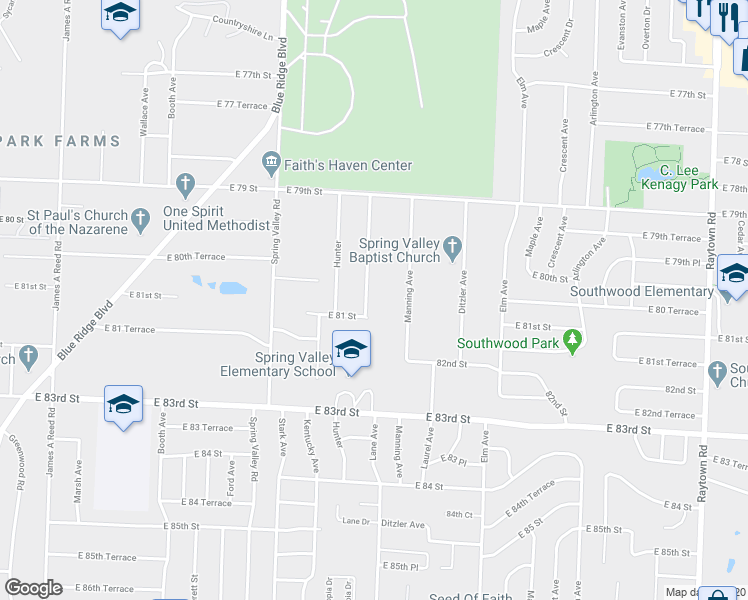 map of restaurants, bars, coffee shops, grocery stores, and more near 8009 Tennessee Avenue in Raytown