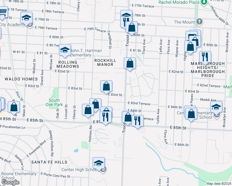 map of restaurants, bars, coffee shops, grocery stores, and more near 908 East 83rd Street in Kansas City