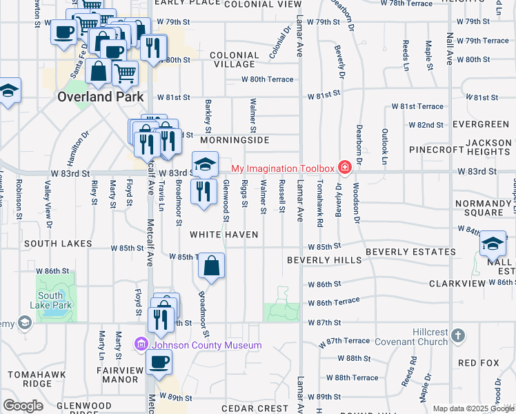 map of restaurants, bars, coffee shops, grocery stores, and more near 8327 Walmer Street in Overland Park