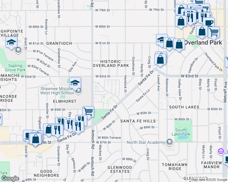 map of restaurants, bars, coffee shops, grocery stores, and more near 8324 Hadley Street in Overland Park