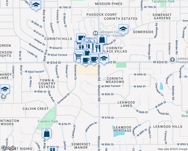 map of restaurants, bars, coffee shops, grocery stores, and more near 3917 West 84th Street in Prairie Village