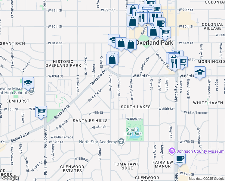 map of restaurants, bars, coffee shops, grocery stores, and more near 8325 Lowell Avenue in Overland Park