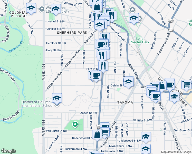 map of restaurants, bars, coffee shops, grocery stores, and more near 7175 12th Street Northwest in Washington