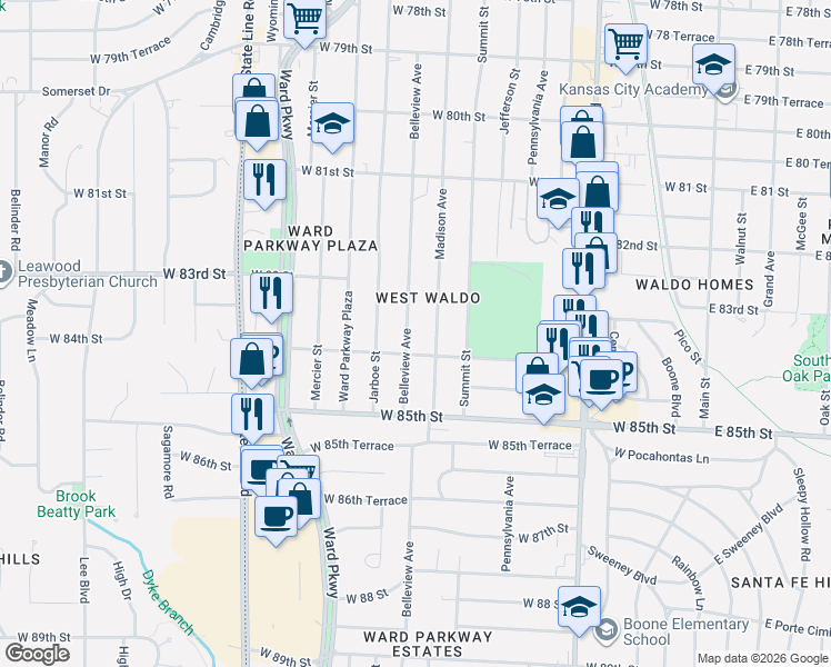 map of restaurants, bars, coffee shops, grocery stores, and more near 8312 Belleview Avenue in Kansas City
