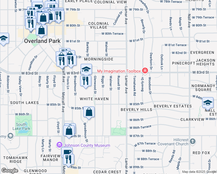 map of restaurants, bars, coffee shops, grocery stores, and more near 8327 Walmer Street in Overland Park