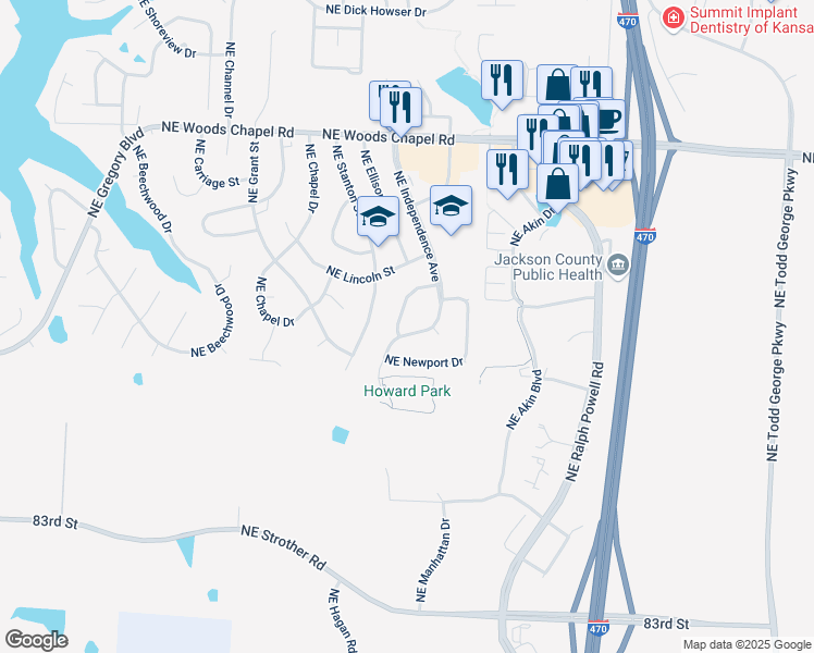 map of restaurants, bars, coffee shops, grocery stores, and more near 3544 Northeast Independence Avenue in Lee's Summit