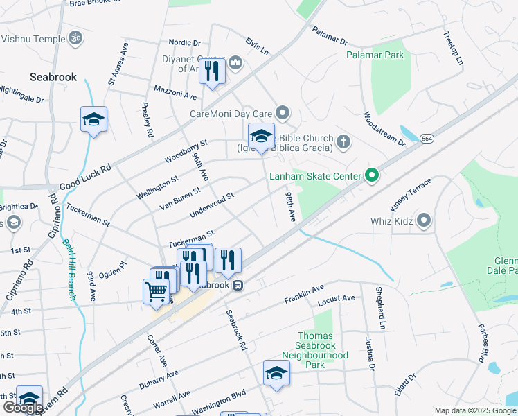 map of restaurants, bars, coffee shops, grocery stores, and more near 9615 Tuckerman Court in Lanham