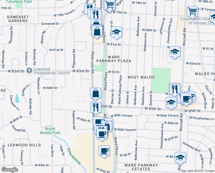 map of restaurants, bars, coffee shops, grocery stores, and more near 8321 Ward Parkway in Kansas City