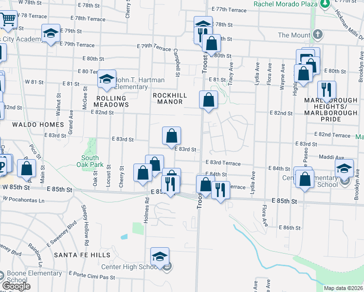 map of restaurants, bars, coffee shops, grocery stores, and more near 908 East 83rd Street in Kansas City