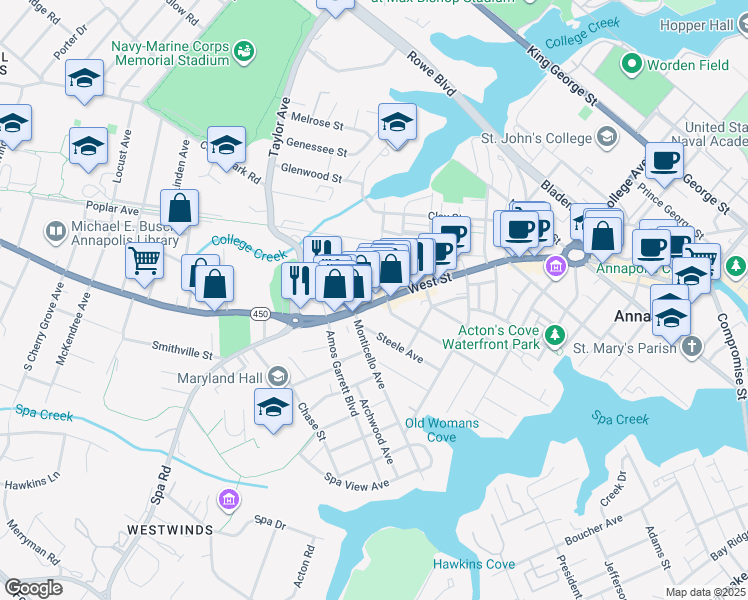 map of restaurants, bars, coffee shops, grocery stores, and more near 222 West Street in Annapolis