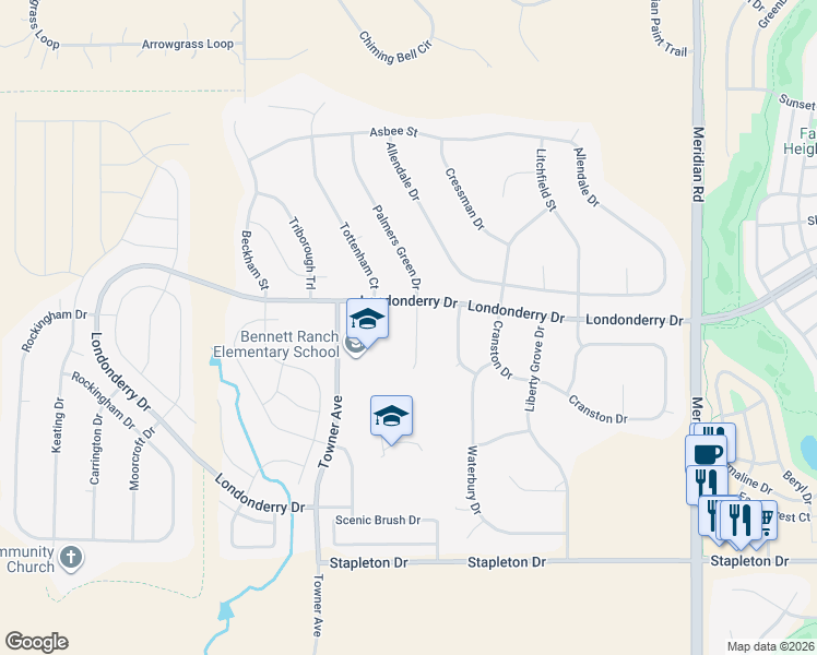 map of restaurants, bars, coffee shops, grocery stores, and more near 11406 Palmers Green Drive in Peyton
