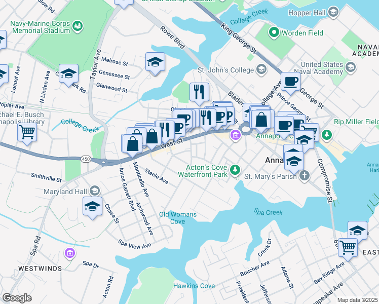 map of restaurants, bars, coffee shops, grocery stores, and more near 34 Lafayette Avenue in Annapolis