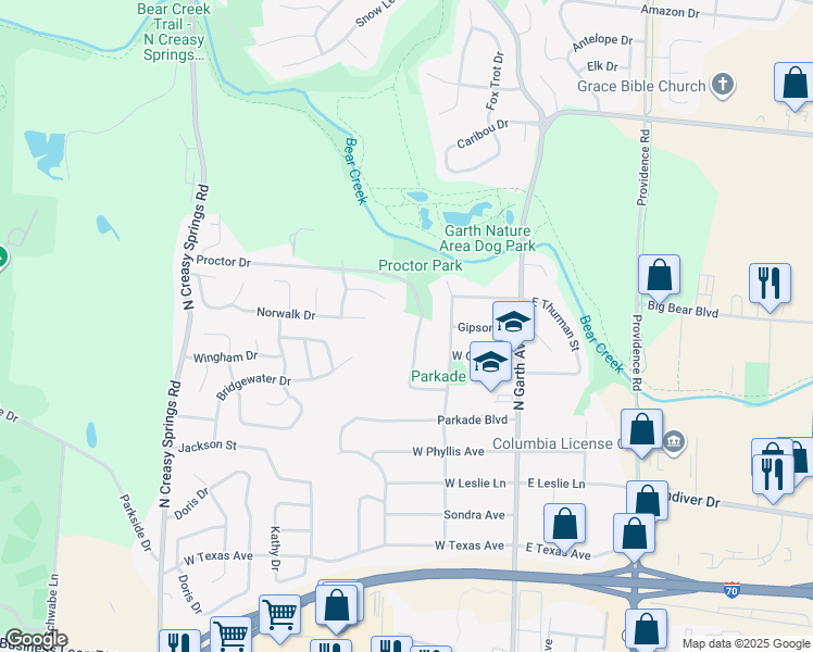 map of restaurants, bars, coffee shops, grocery stores, and more near 600 Bear Valley Court in Columbia