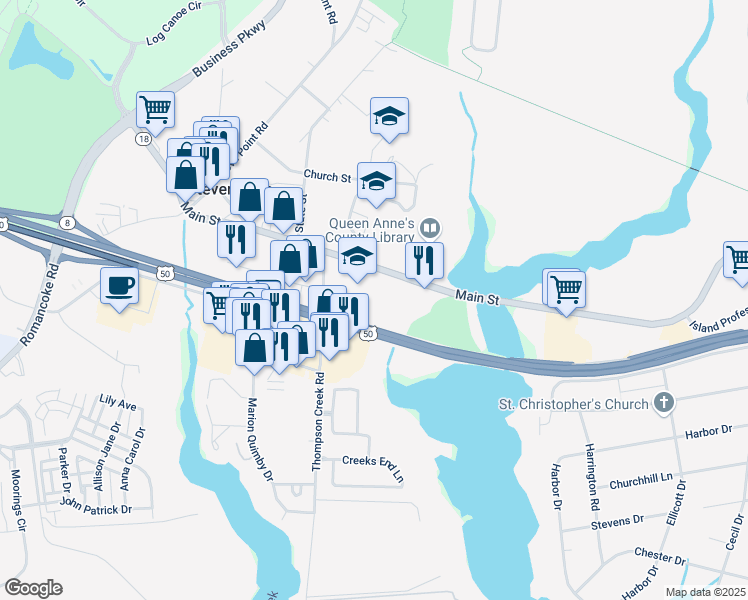 map of restaurants, bars, coffee shops, grocery stores, and more near 610 Main Street in Stevensville