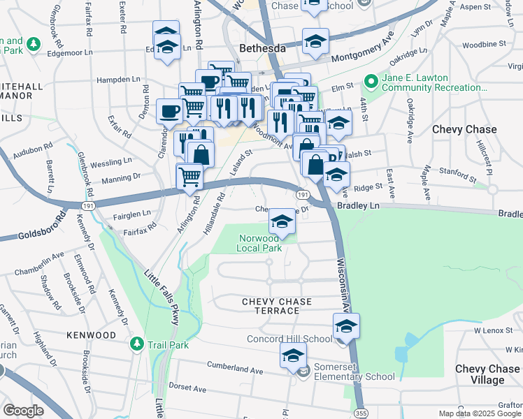 map of restaurants, bars, coffee shops, grocery stores, and more near 4807 Chevy Chase Drive in Bethesda