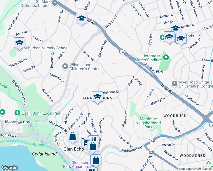 map of restaurants, bars, coffee shops, grocery stores, and more near 6765 Brigadoon Drive in Bethesda