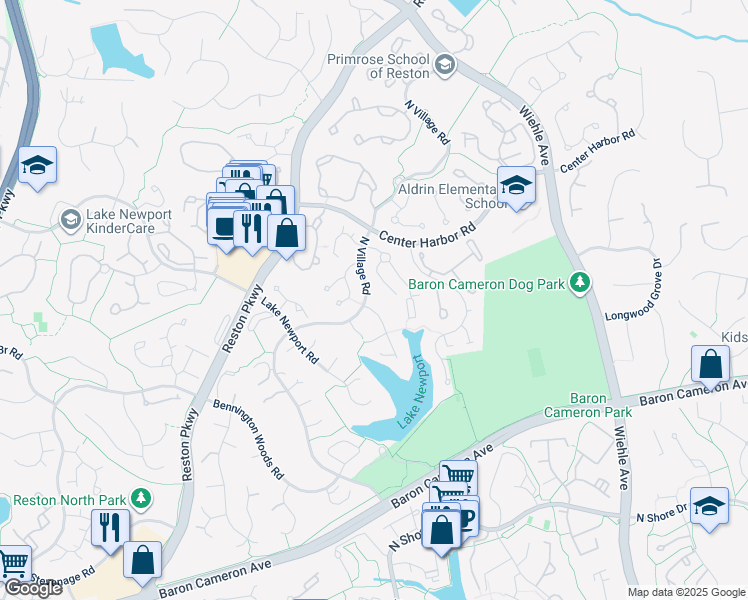 map of restaurants, bars, coffee shops, grocery stores, and more near 11590 Greenwich Point Road in Reston