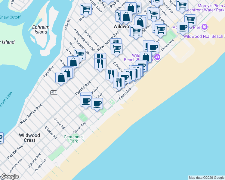 map of restaurants, bars, coffee shops, grocery stores, and more near 5607 Atlantic Avenue in Wildwood Crest