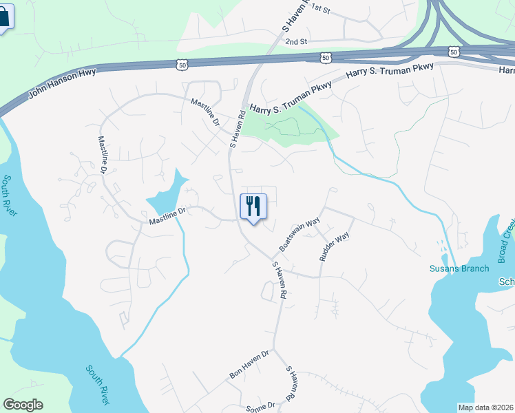 map of restaurants, bars, coffee shops, grocery stores, and more near 2620 Rigging Drive in Annapolis