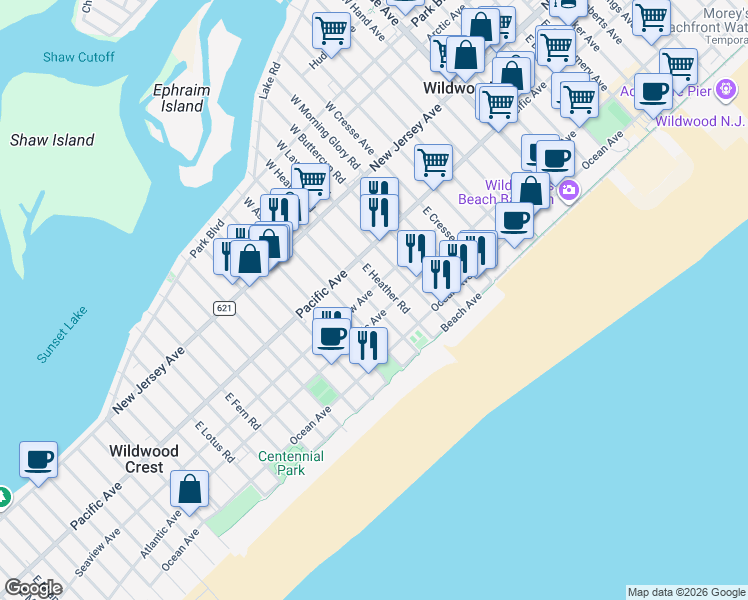 map of restaurants, bars, coffee shops, grocery stores, and more near 211 East Crocus Road in Wildwood Crest