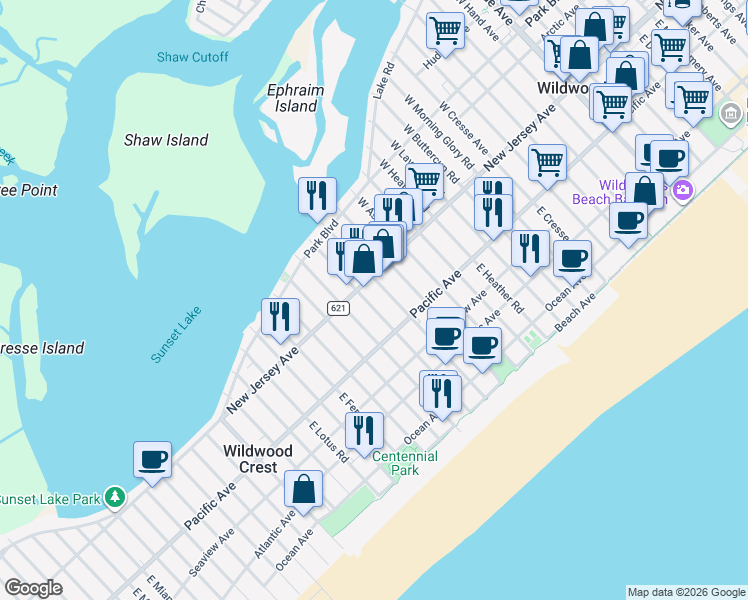 map of restaurants, bars, coffee shops, grocery stores, and more near 6205 New Jersey Avenue in Wildwood Crest