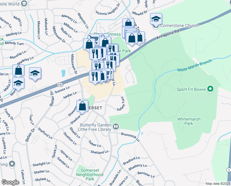 map of restaurants, bars, coffee shops, grocery stores, and more near 12635 Safety Turn in Bowie