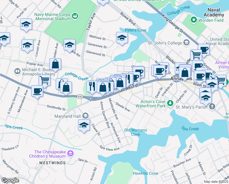 map of restaurants, bars, coffee shops, grocery stores, and more near 222 West Street in Annapolis